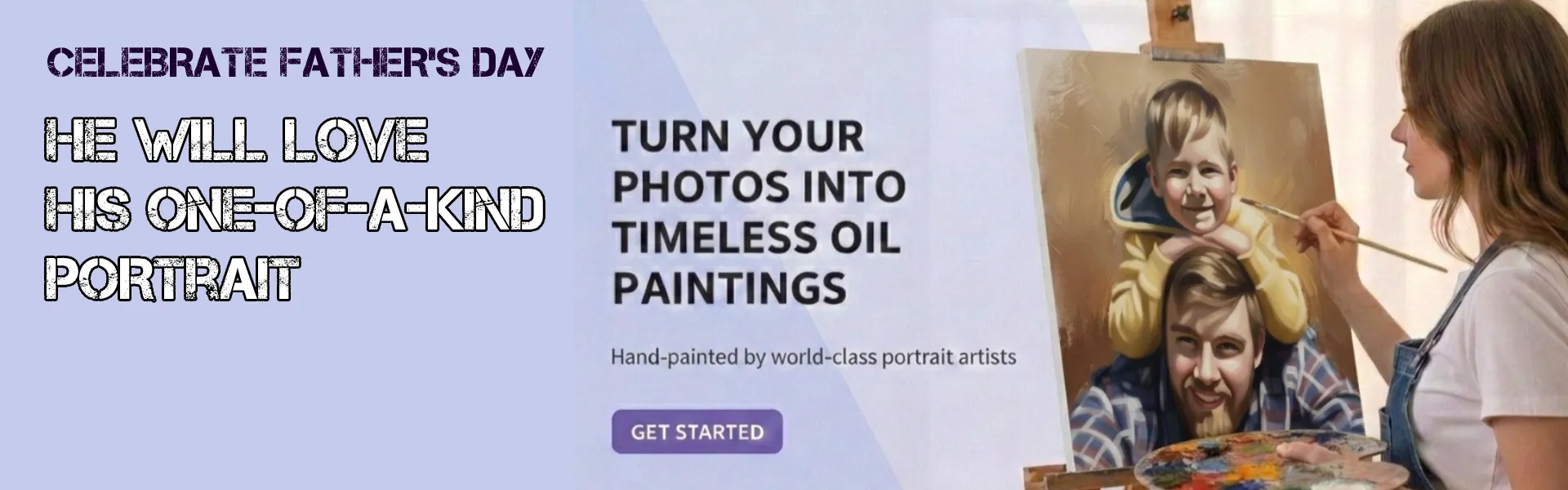 Custom Father’s Day oil painting service with an artist hand‑painting a father and child from a photo, offering a meaningful one‑of‑a‑kind portrait gift.